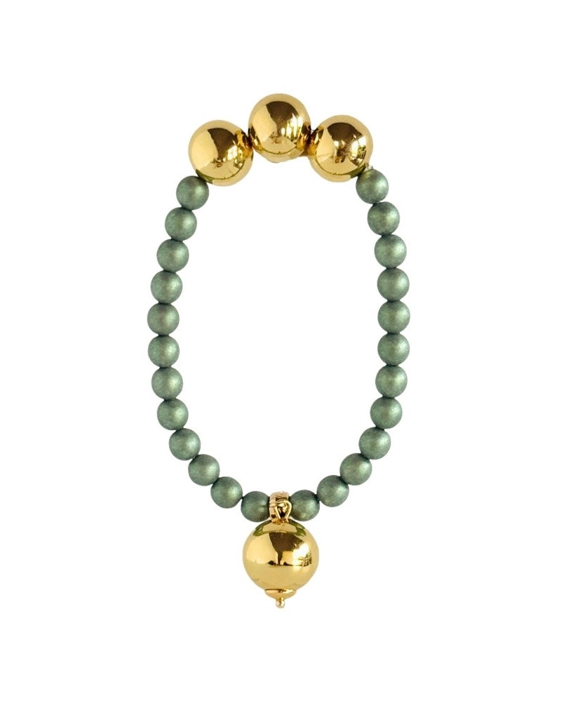Betty boo olive green iridescent pearl gold bracelet, drop gold charm