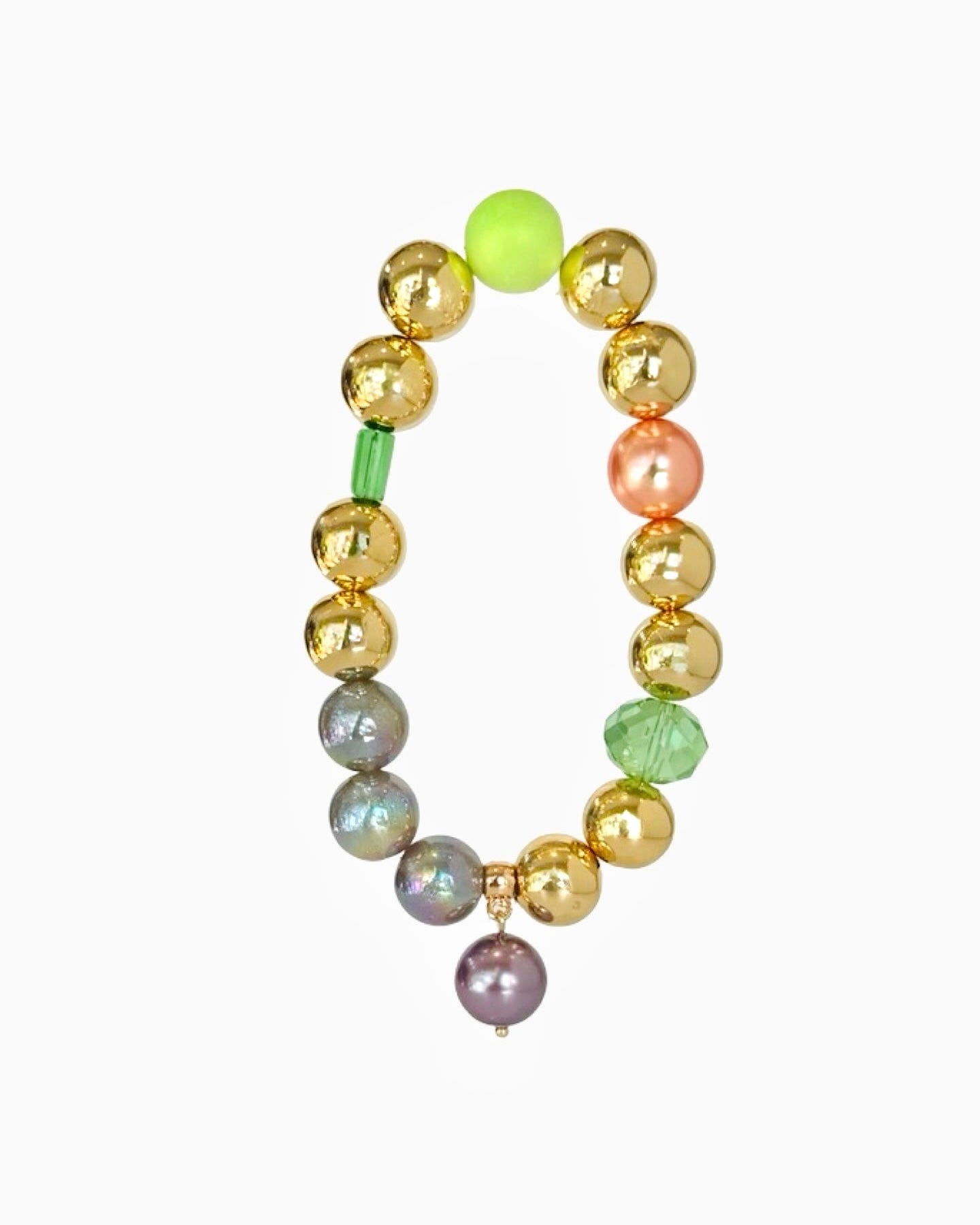 Juicy Lucy gold, lime, peachy gold crystal bracelet, drop crystal pearl charm