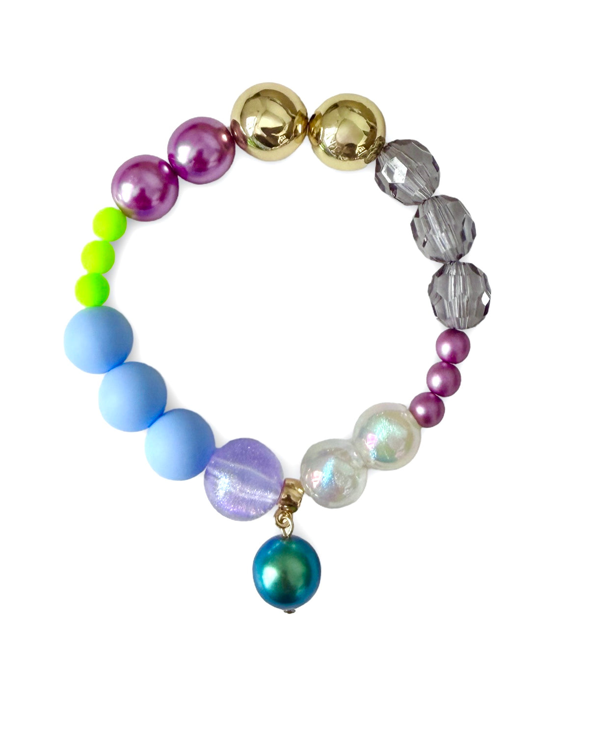 Mimi luxe grape, neon pop crystal, gold beaded bracelet, drop crystal pearl charm