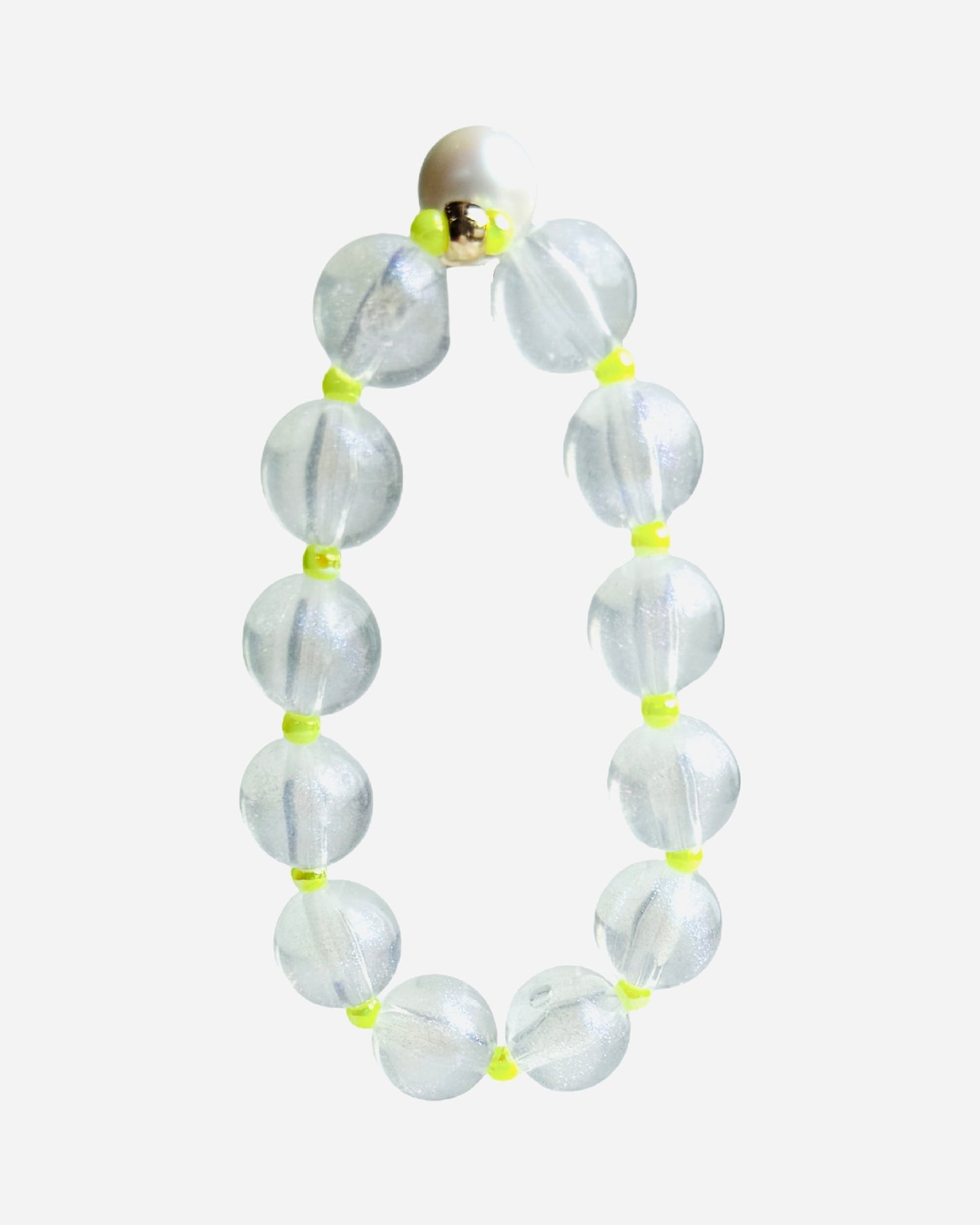 Pop icicle white + neon yellow beaded bracelet, white pearl charm