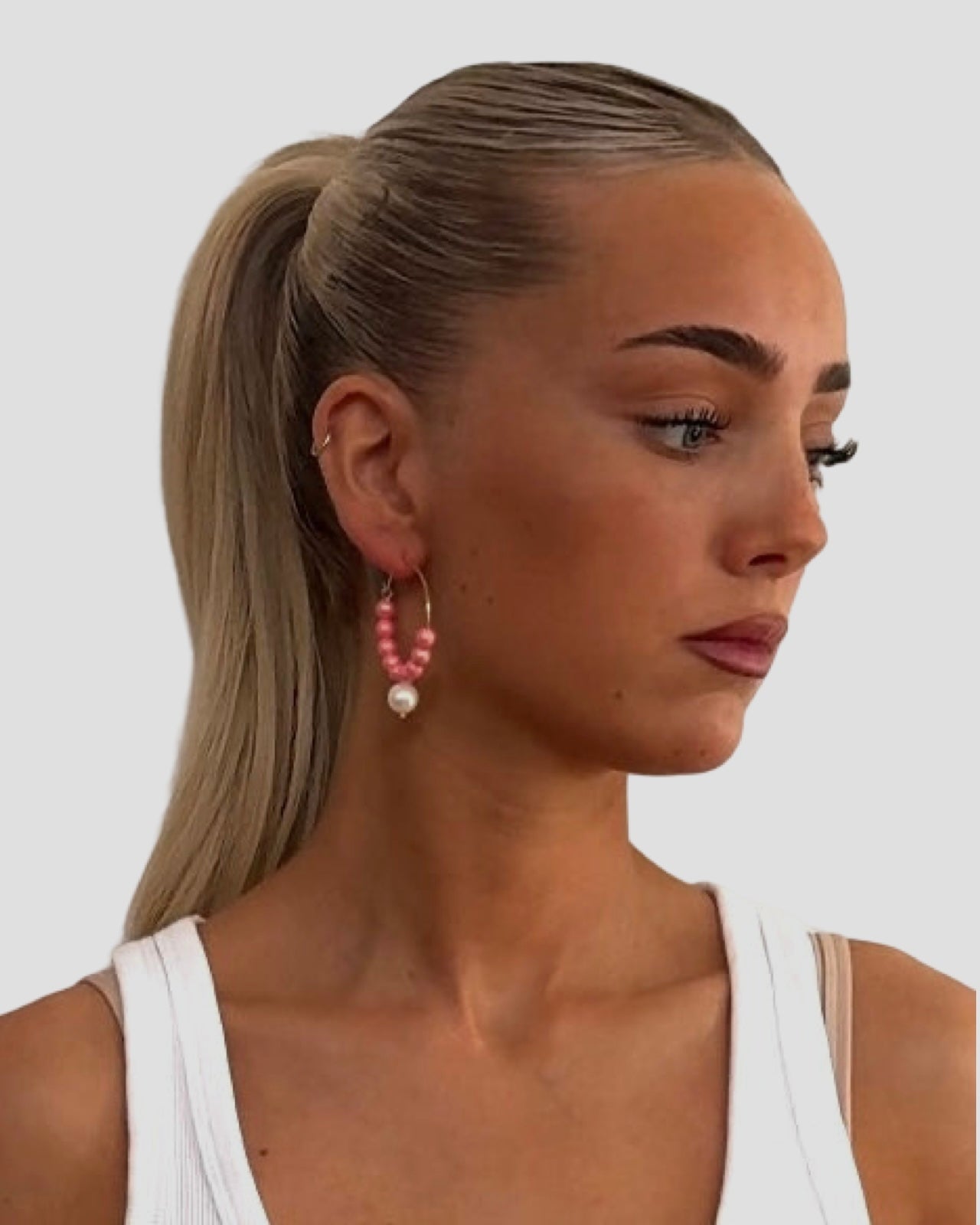 Candy land pink crystal pearl hoop earrings
