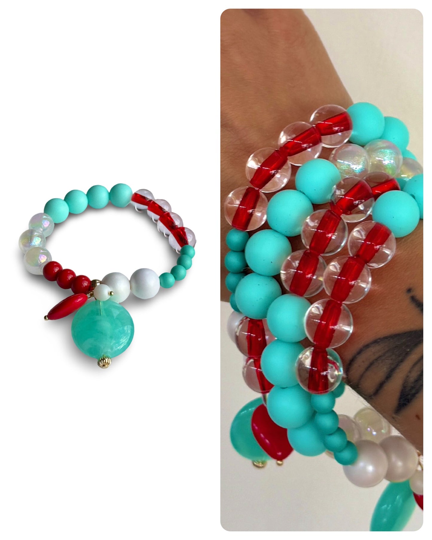 Caribbean queen turquoise, red, white beaded multi charm bracelet