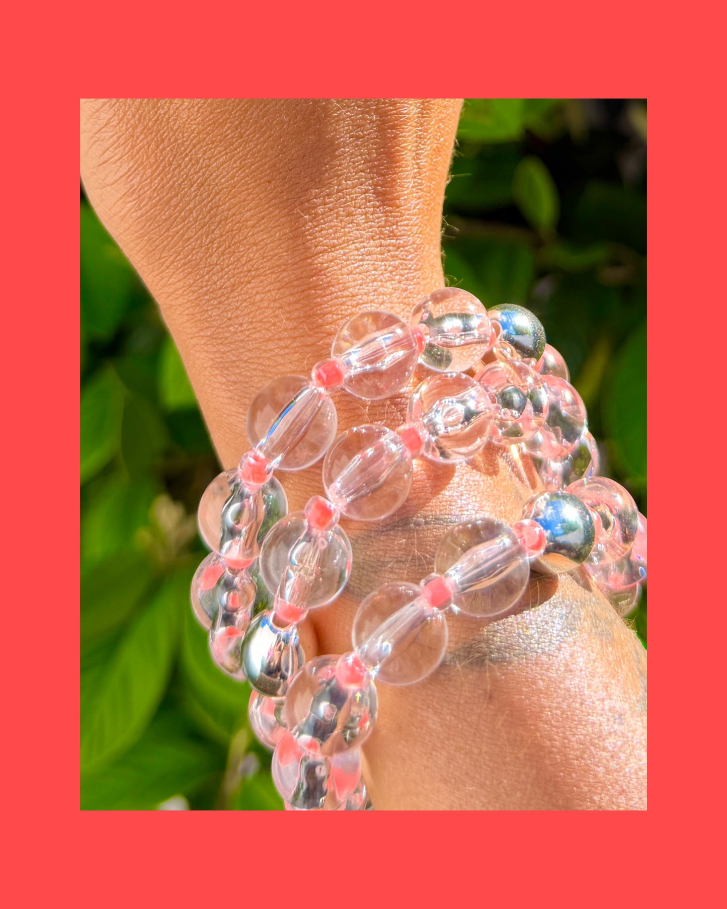 Watermelon Pop Clear + Silver Beaded Bracelet