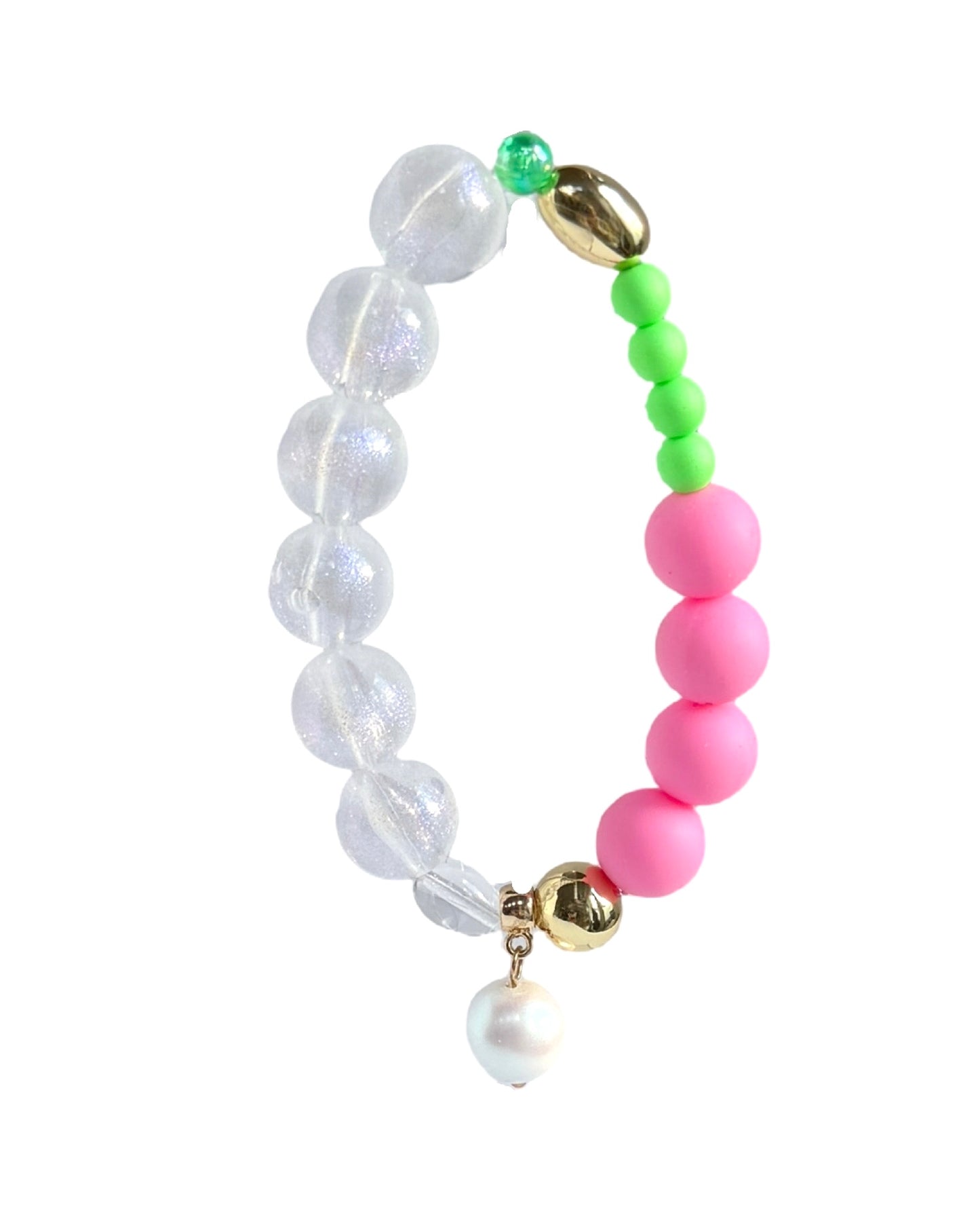 Tweety pie pink, green pop gold, crystal beaded bracelet, drop crystal pearl charm