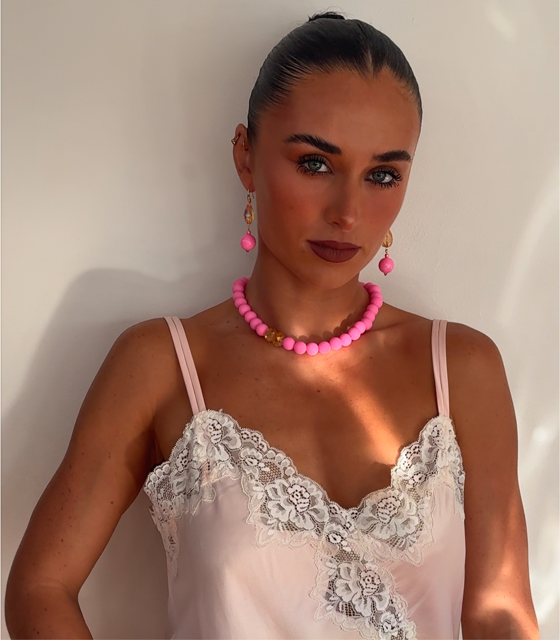 Cotton candy pink bead + crystal multi wear necklace