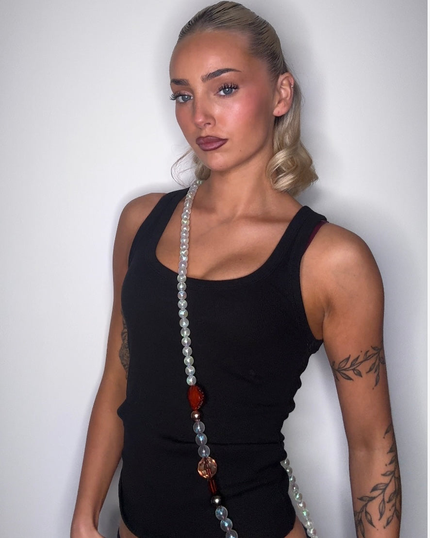 Valentino burgundy silk, fringe, multi bead, gold + vintage beaded phone strap