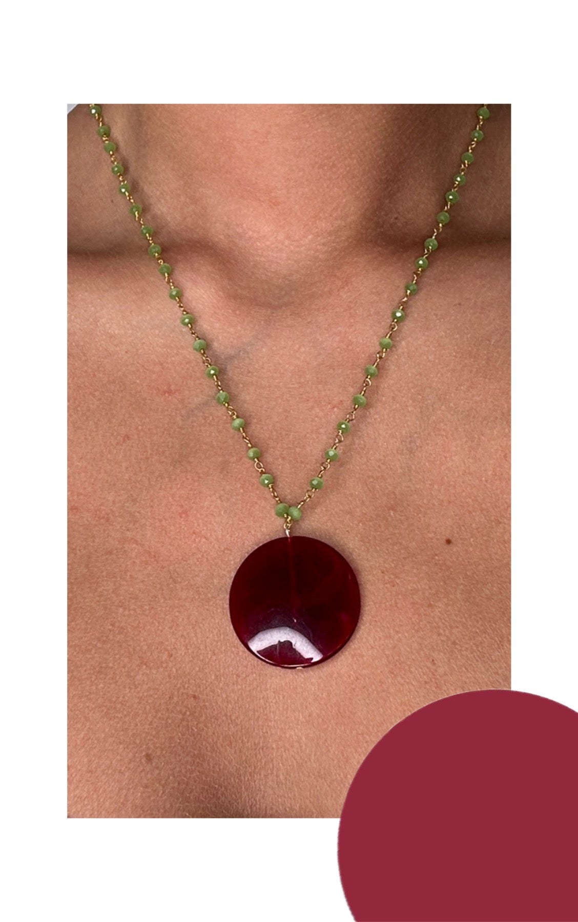 Symi beaded necklace, deep burgundy disc pendant