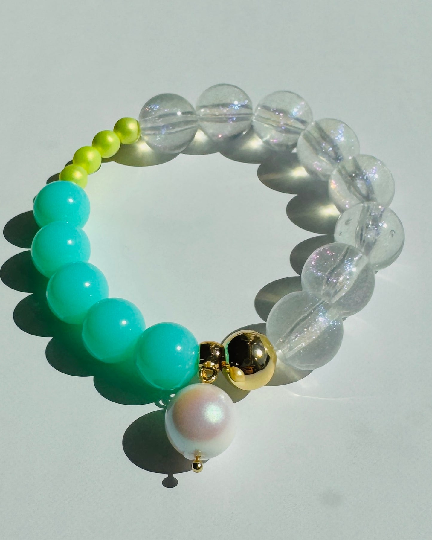 Sweetie pie seafoam iridescent lime pearl, crystal pearl drop charm