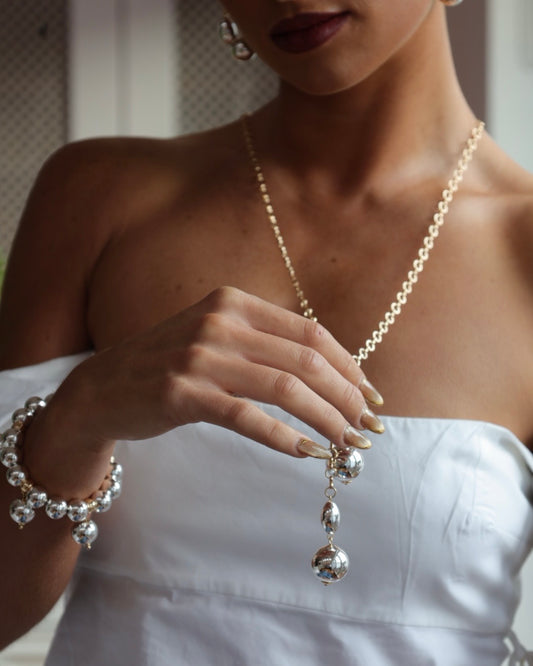 Lyra long drop gold, silver beaded necklace