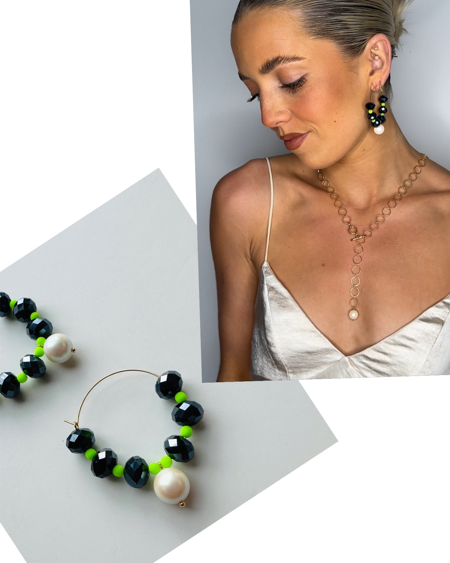 Jet magic + neon lime pearl drop hoops