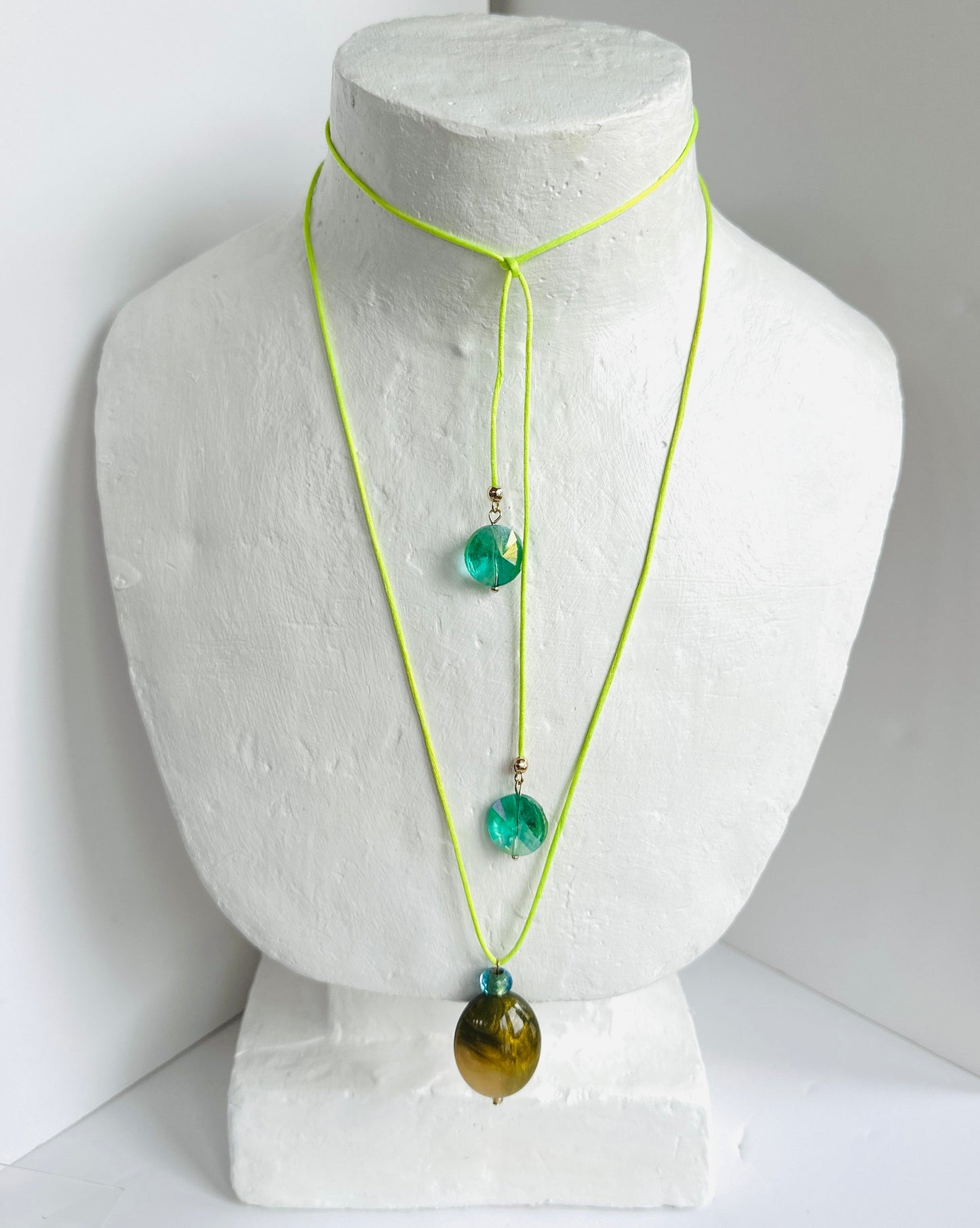 Ali drop beaded lime silk cord wrap necklace