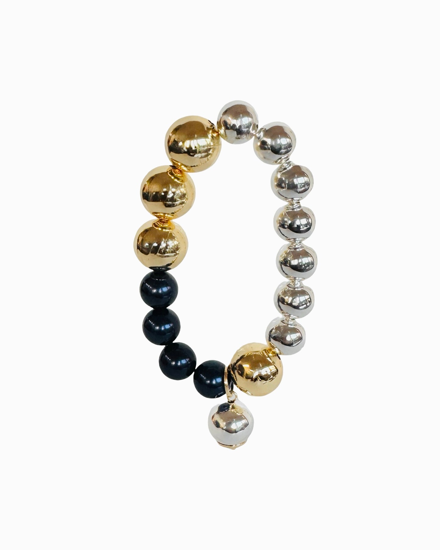 Snow drop gold, silver + navy crystal pearls bracelet, drop silver charm