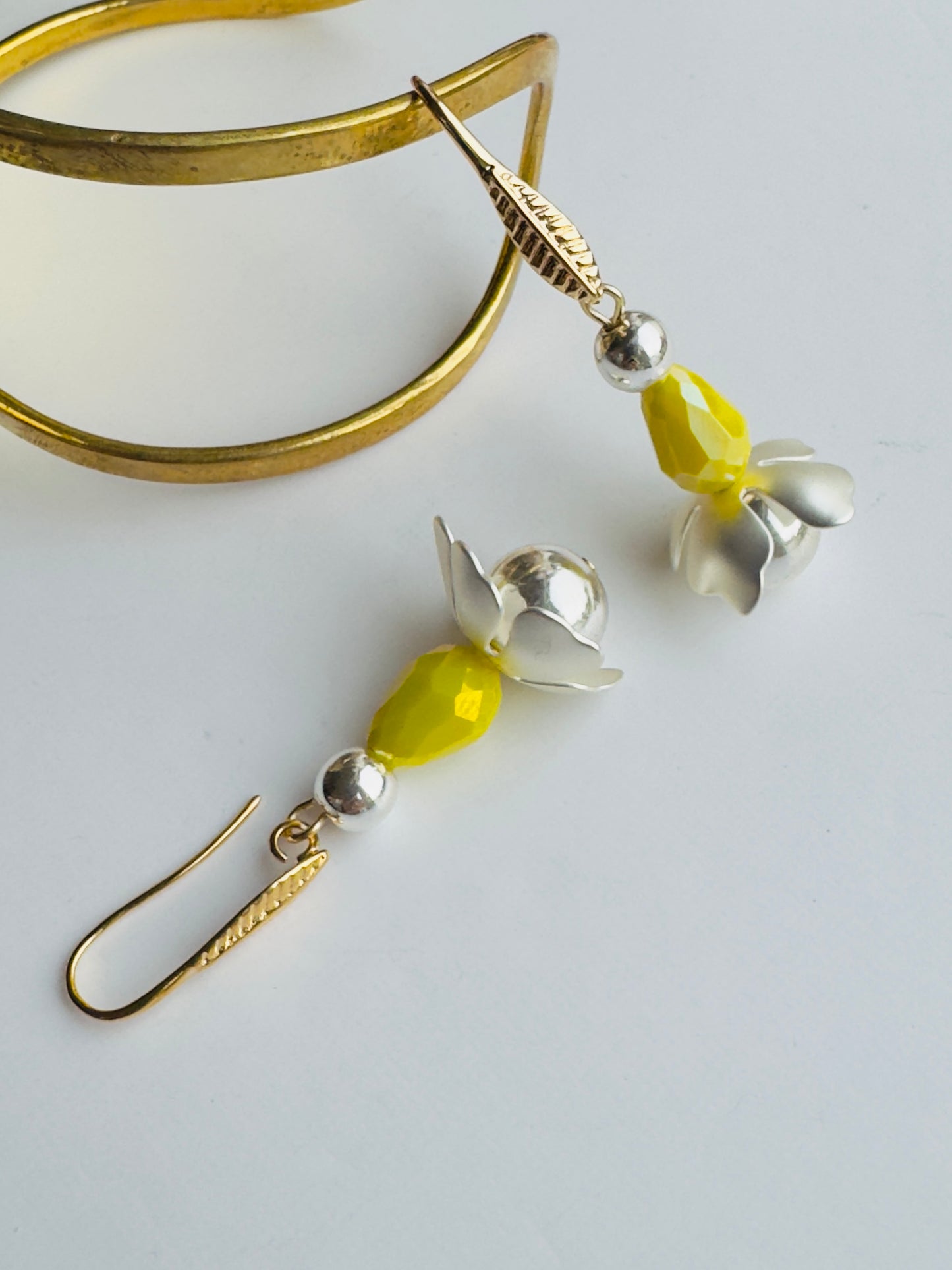 Dora yellow, silver + gold drop earrings