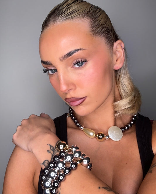 Juju glint vintage pearl, gold, silver + charcoal beaded necklace