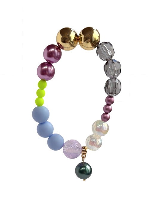 Mimi luxe grape, neon pop crystal, gold beaded bracelet, drop crystal pearl charm