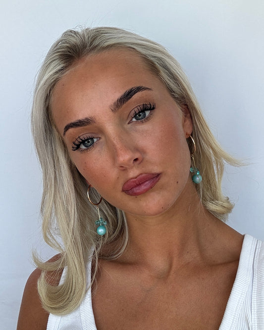 Ballerina girl soft turquoise pearl crystal drop hoop earrings