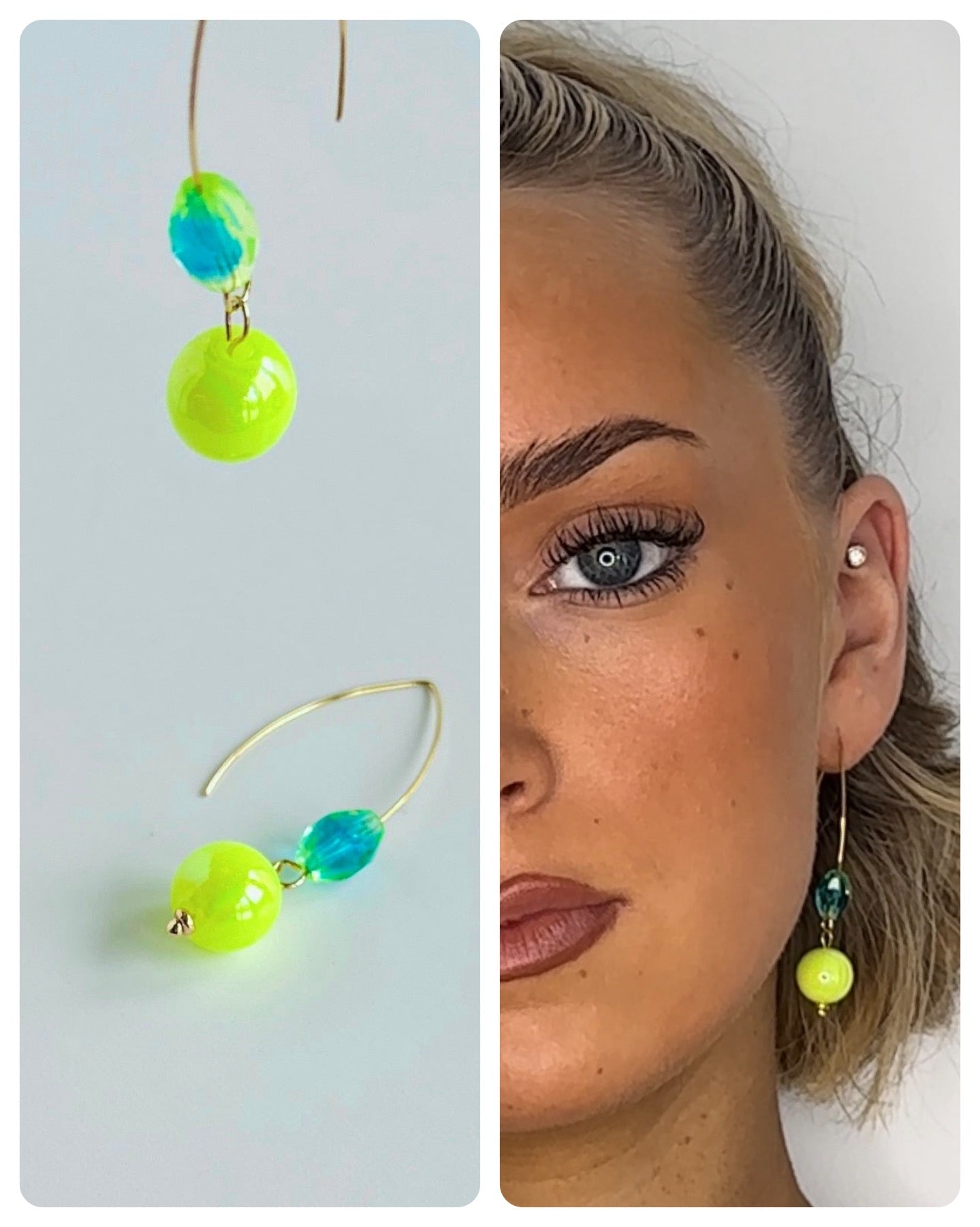 Bobbi drop earrings in neon lemon + turquoise crystals