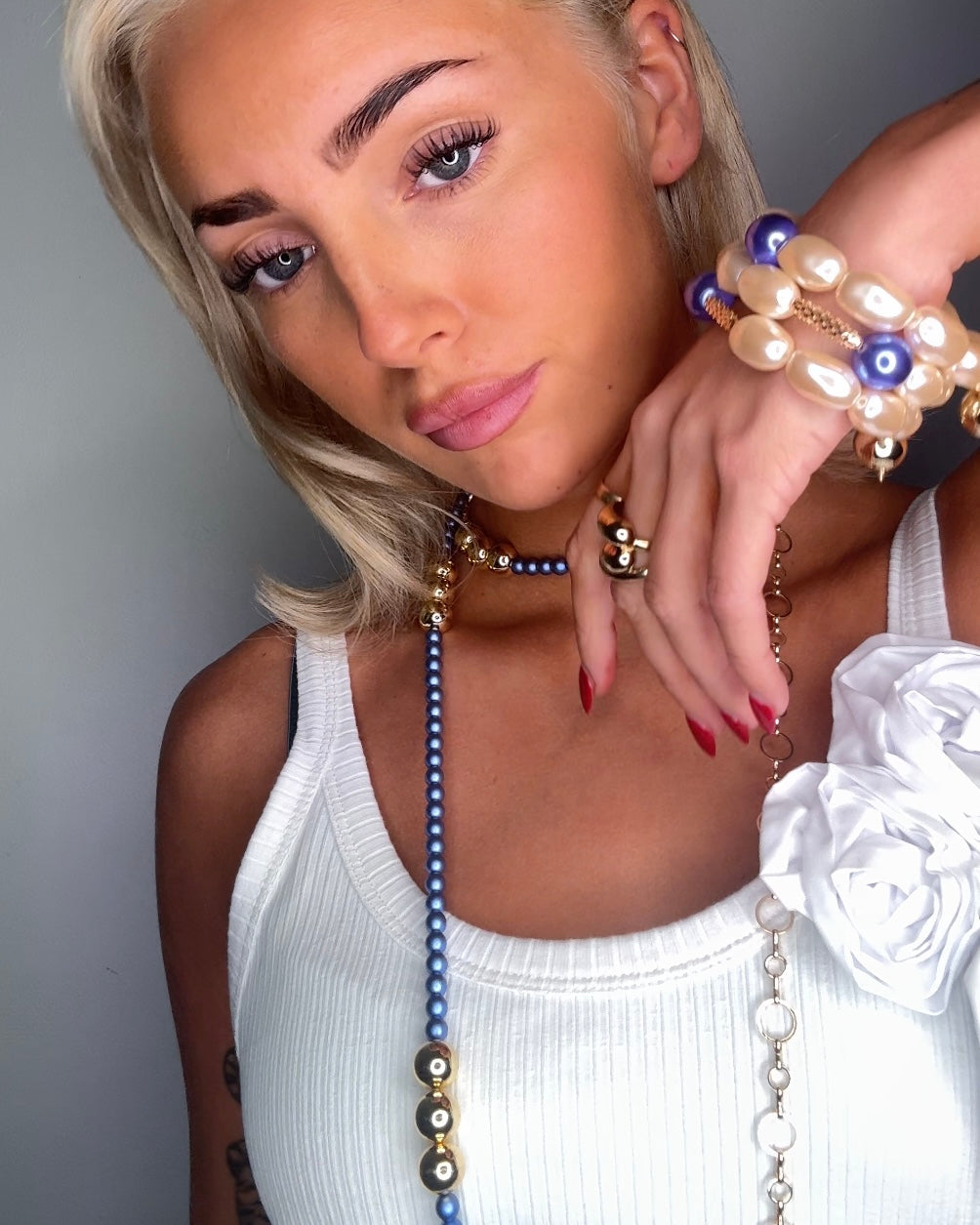 Barberella deep blue crystal pearl + gold long wrap necklace