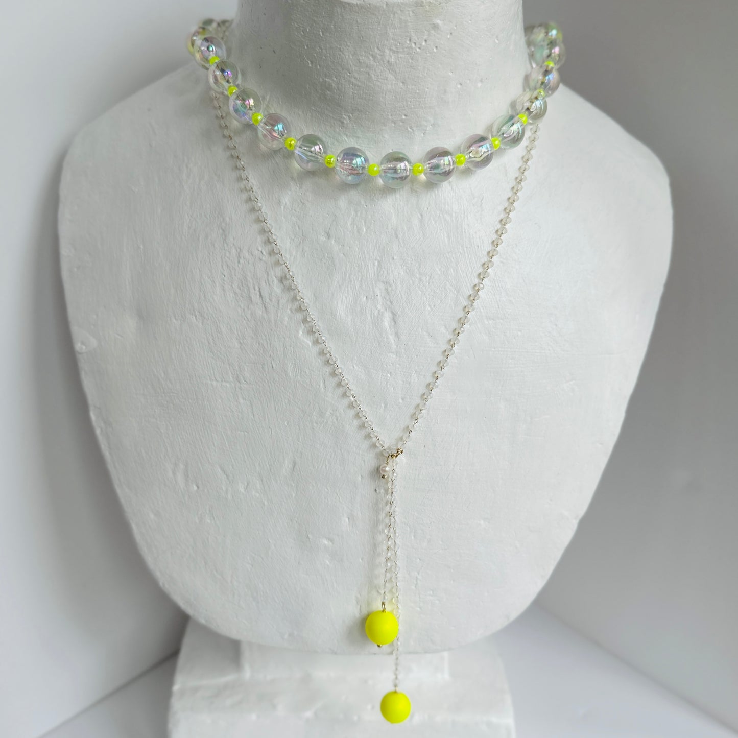 Lia necklace in white opal + neon yellow Austrian crystal pearls