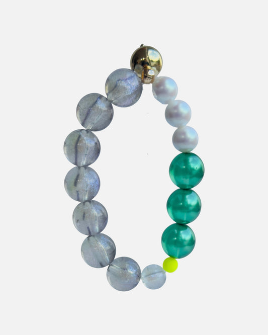 Cherry bomb iridescent green crystal, pearl beaded bracelet, gold filled drop charm