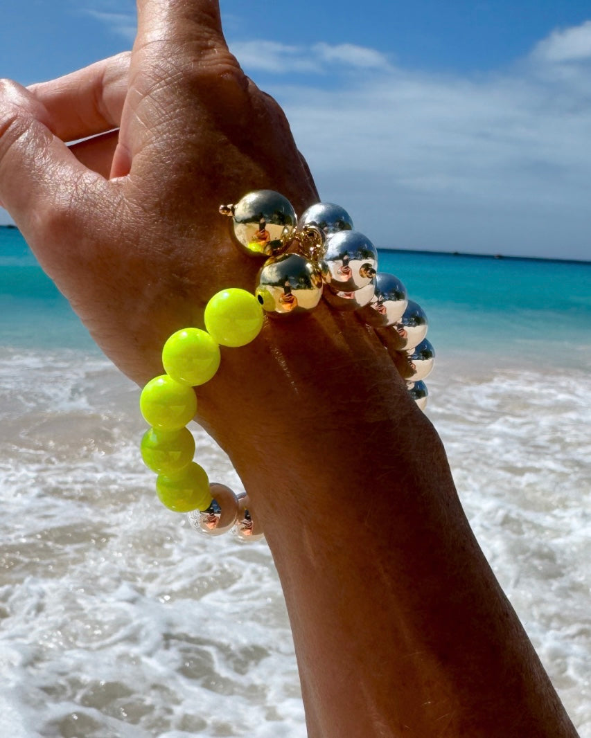 Bambi neon yellow + silver beaded bracelet, drop charms