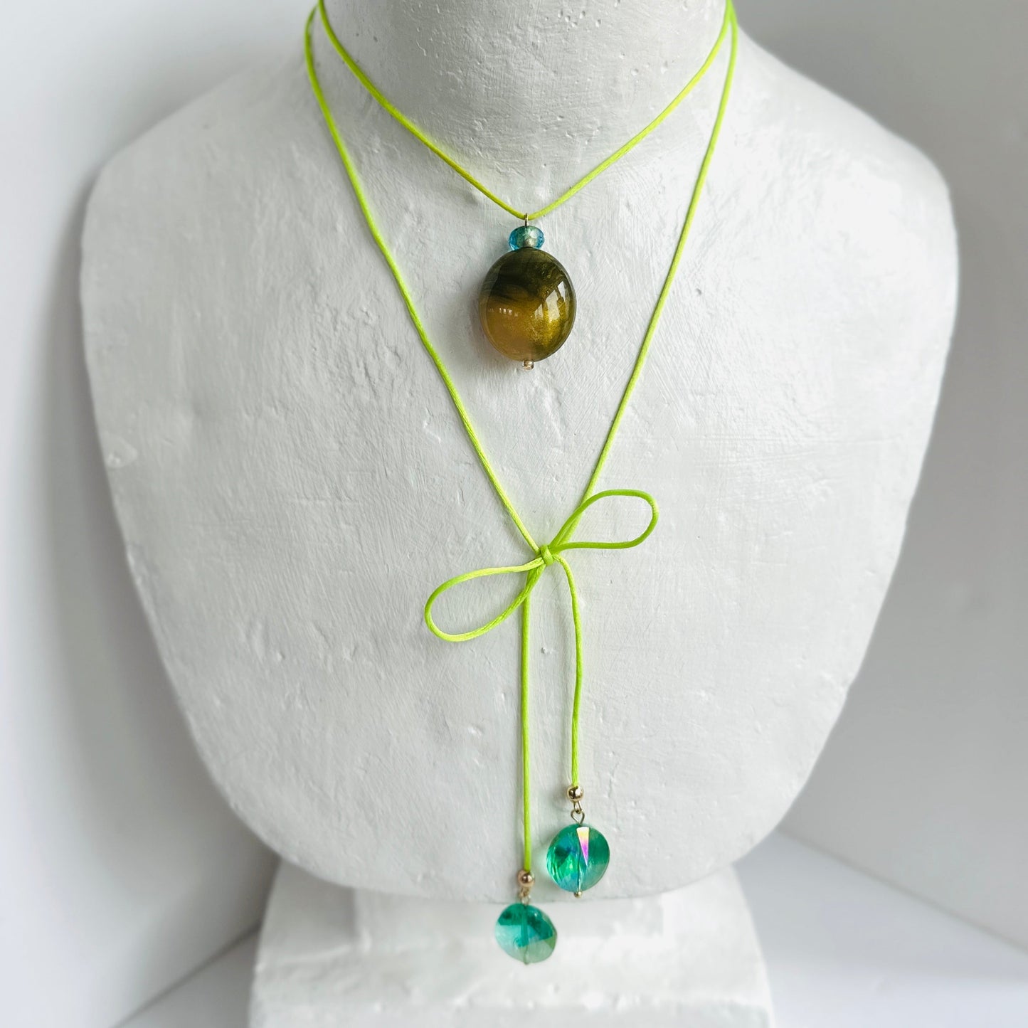 Ali drop beaded lime silk cord wrap necklace