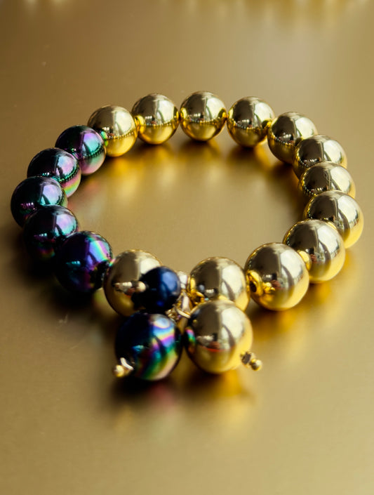 Bambi gold + iridescent navy black multi charm bracelet