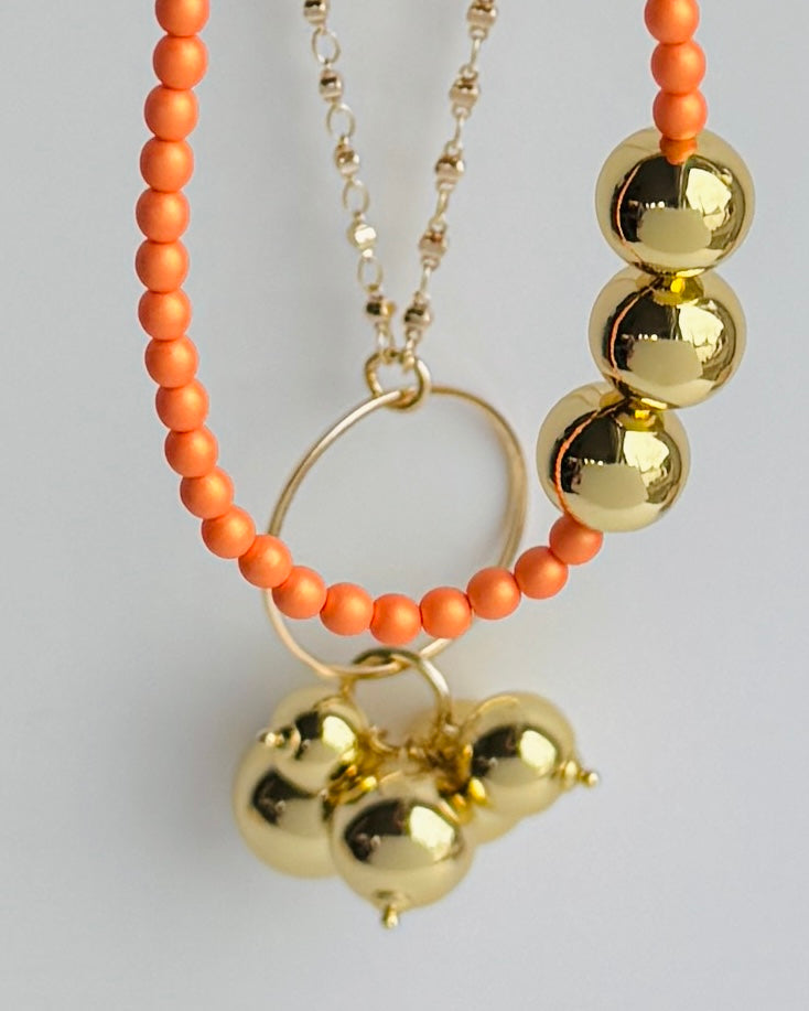 Gayle long drop gold beaded pendant necklace