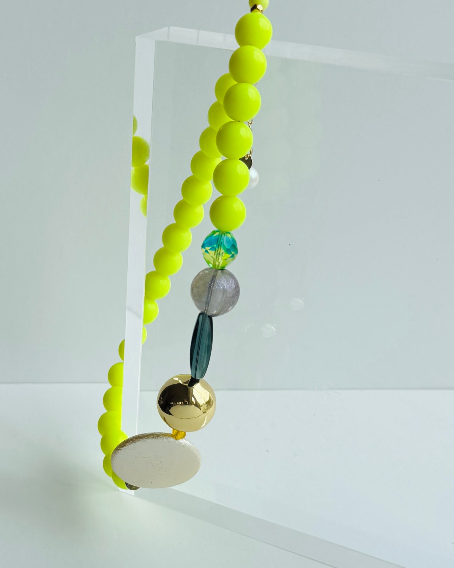 Juju neon yellow necklace with crystal, vintage bead + pearl choker