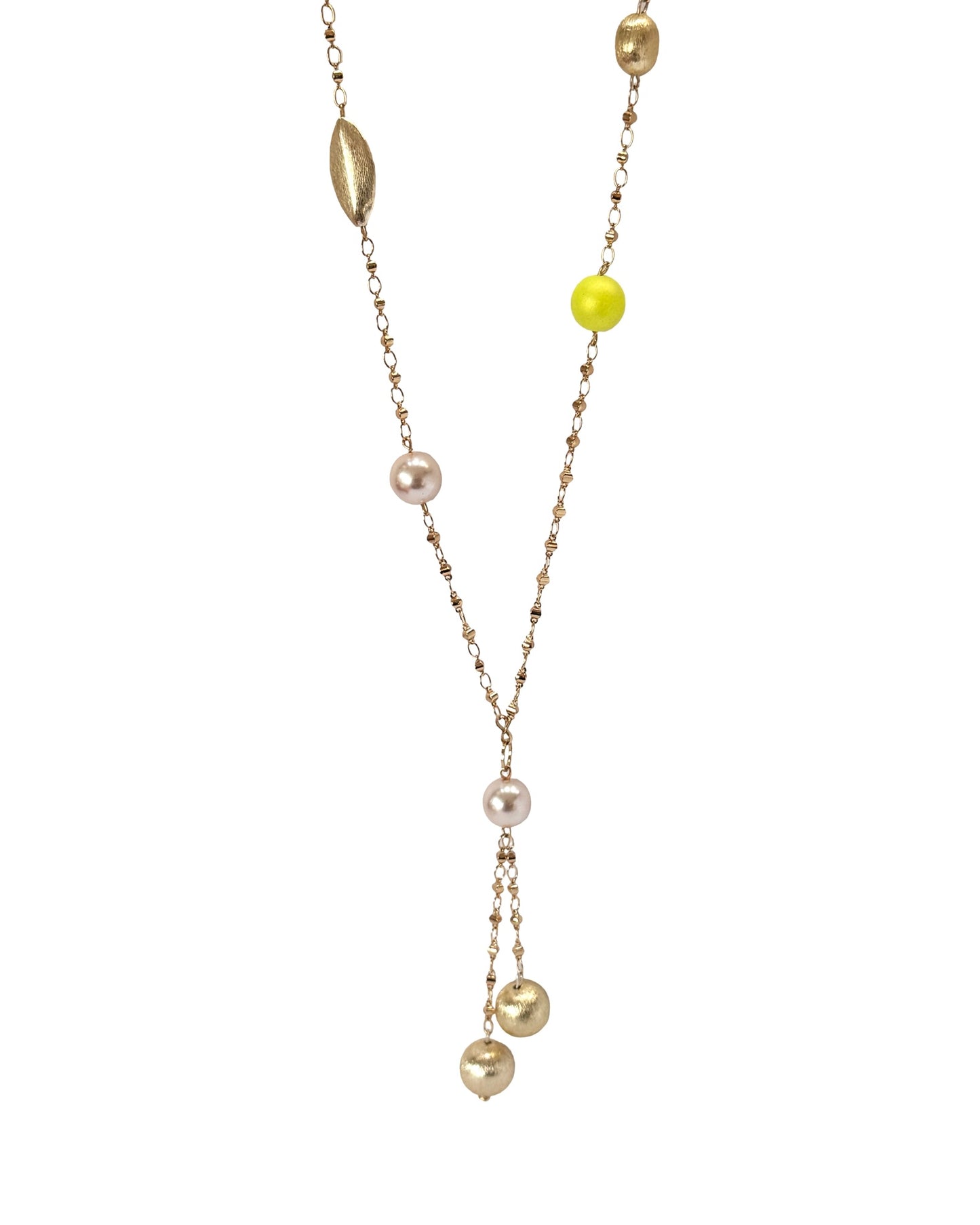 Queenie gold, soft pink + soft neon yellow long drop necklace