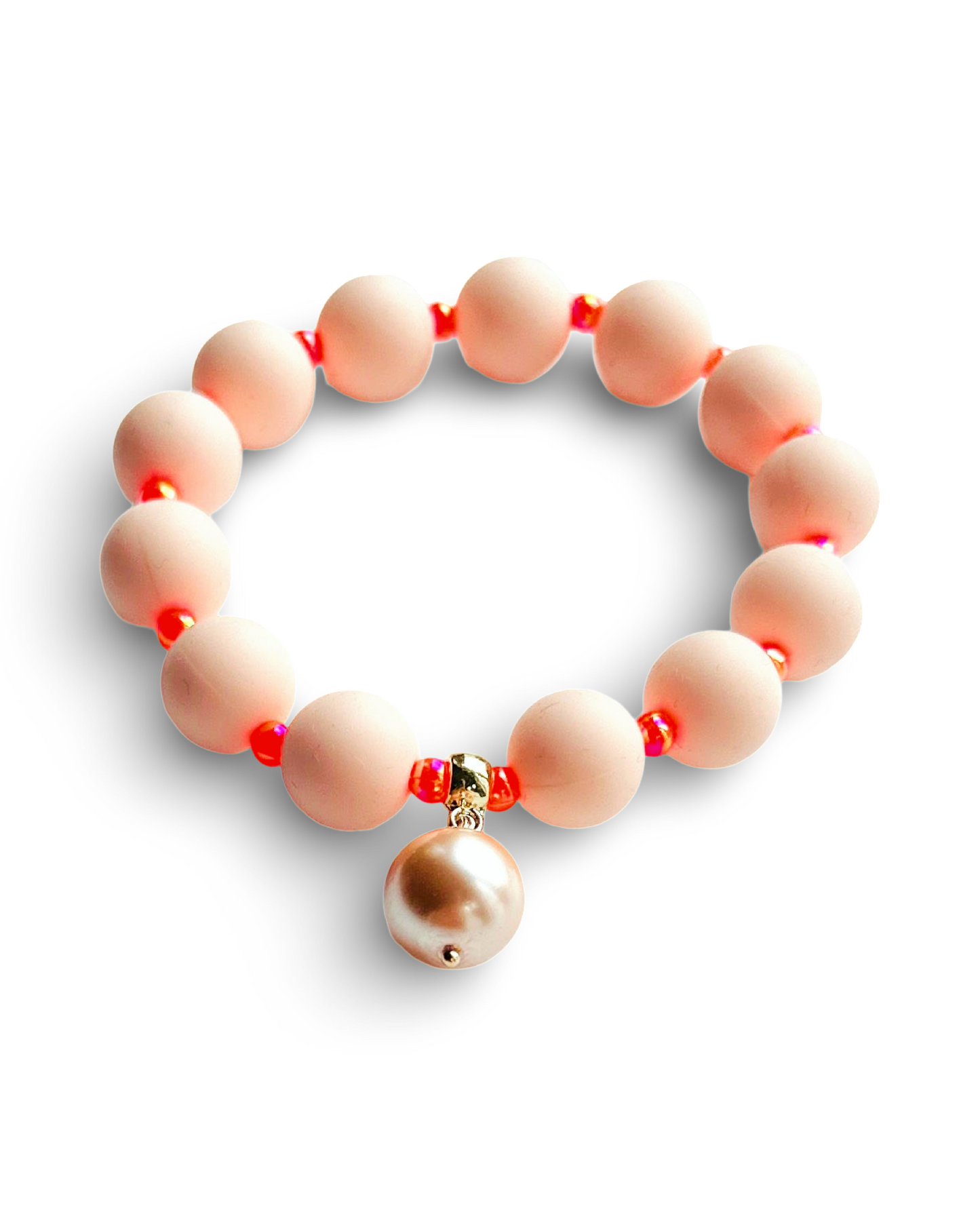 Beau peach + neon orange bracelet, pearl charm