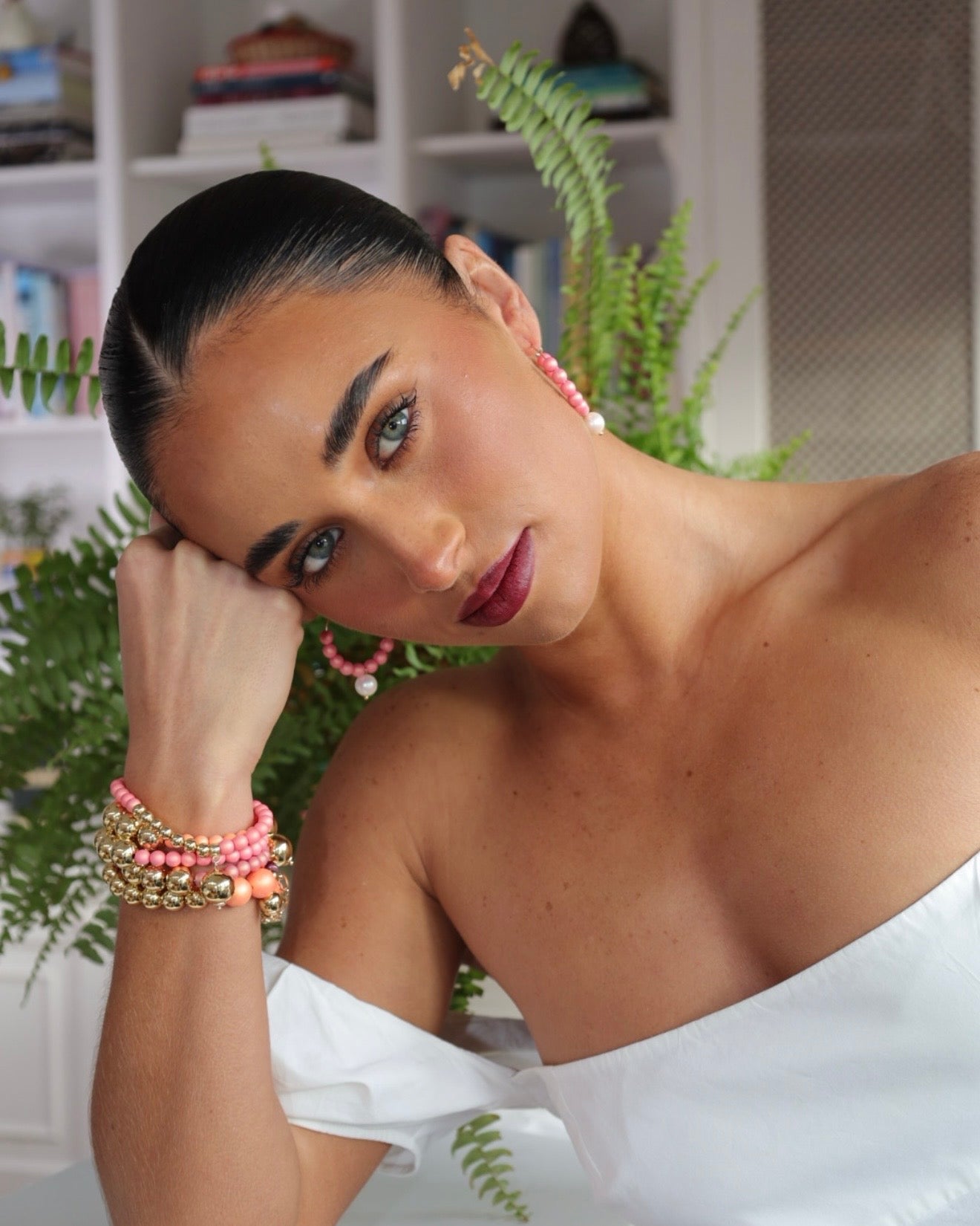 Candy land  pink crystal pearl hoop earrings