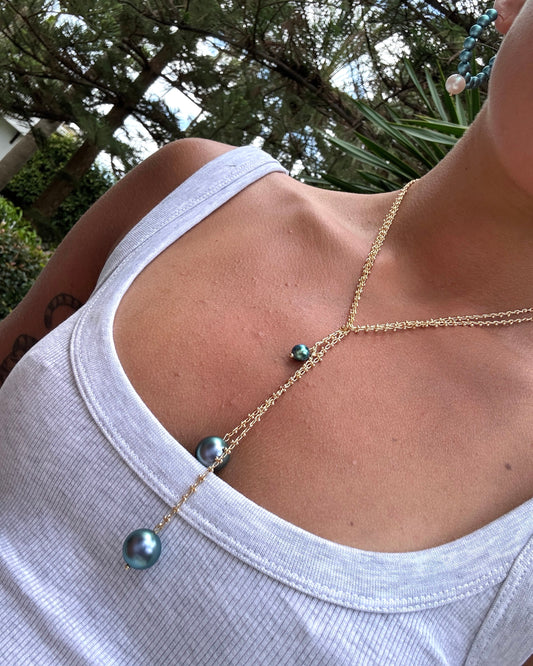 Lia multi wear 14k gold filled + petrol crystal pearl drop pendant