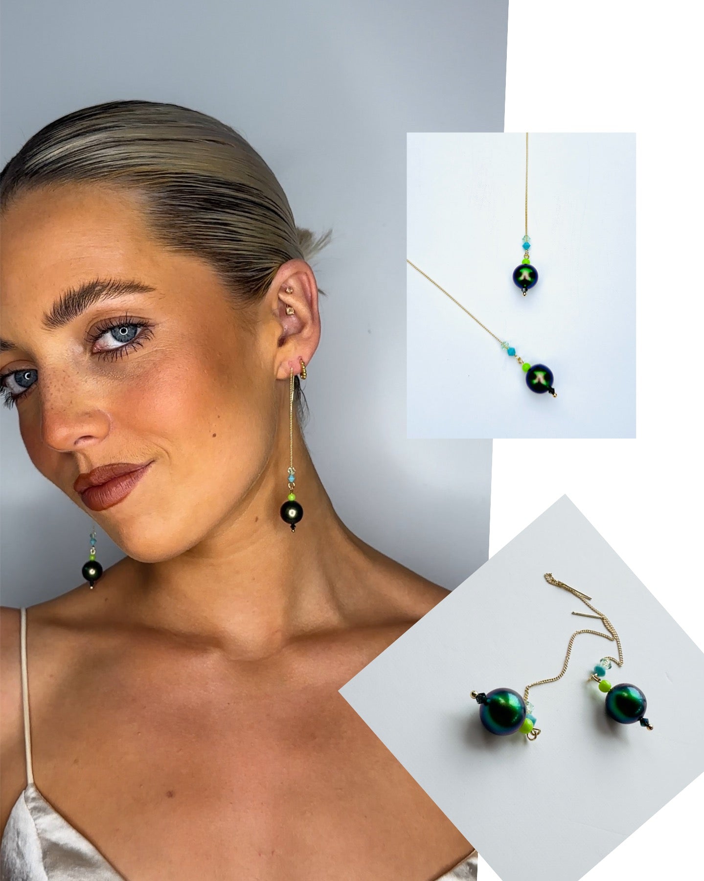 Petra Iridescent deep green + crystal threader earrings