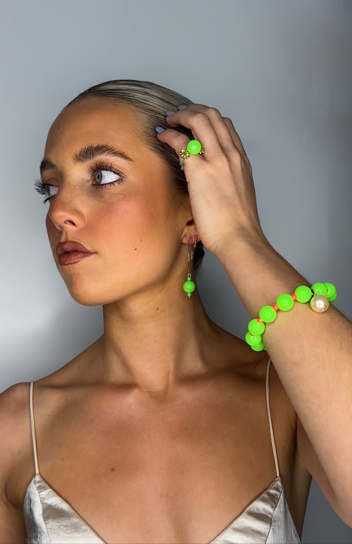 Beau neon green + pearl charm bracelet