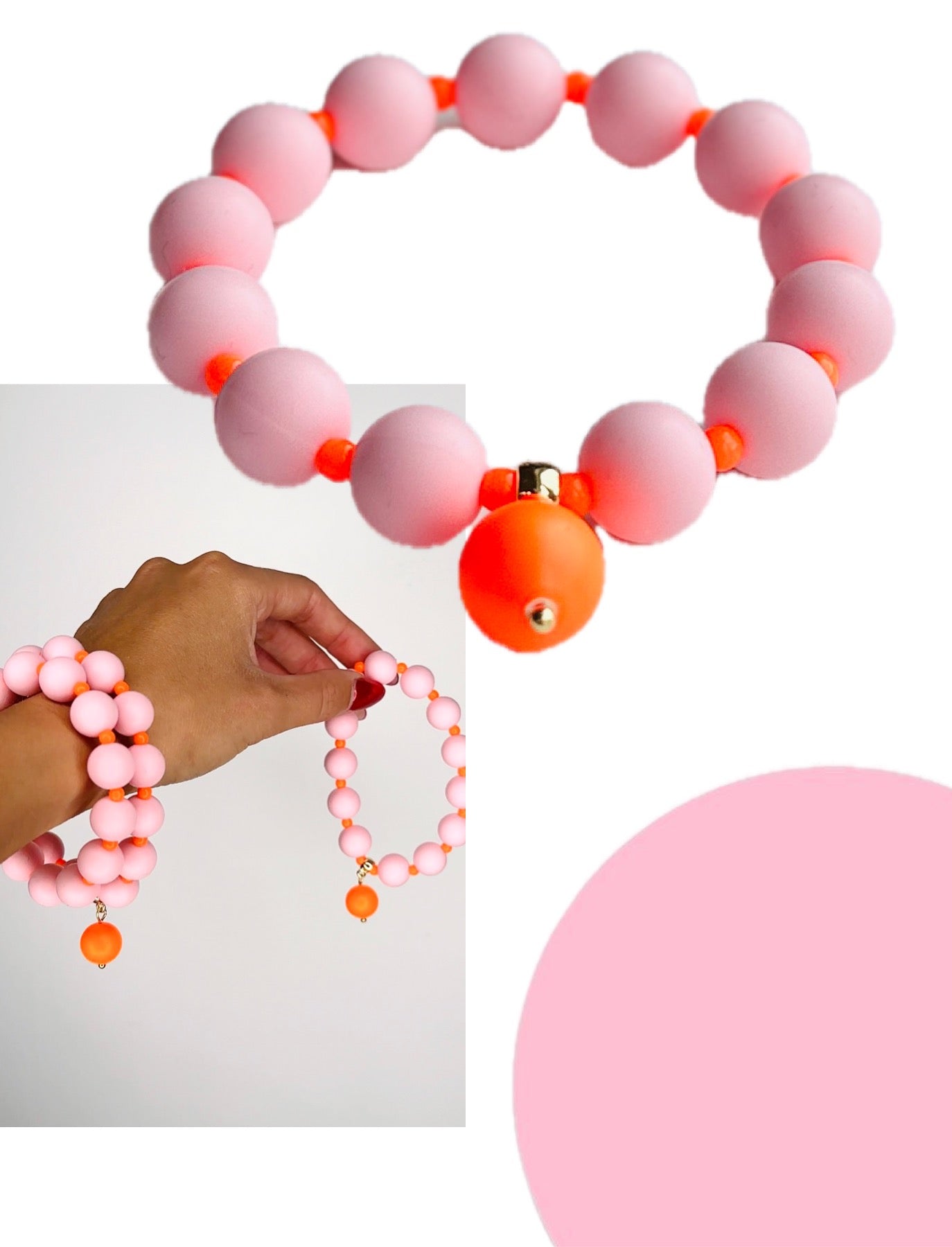 Beau bracelet in pink + orange with neon orange pearl charm