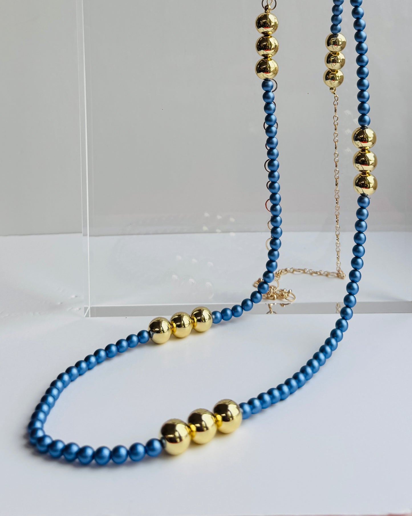 Barberella royal blue crystal pearl gold long multi wesr necklace