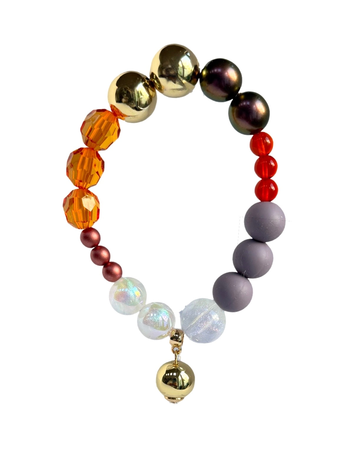 Mimi luxe burgundy Amber pop crystal, gold beaded bracelet, drop crystal pearl charm