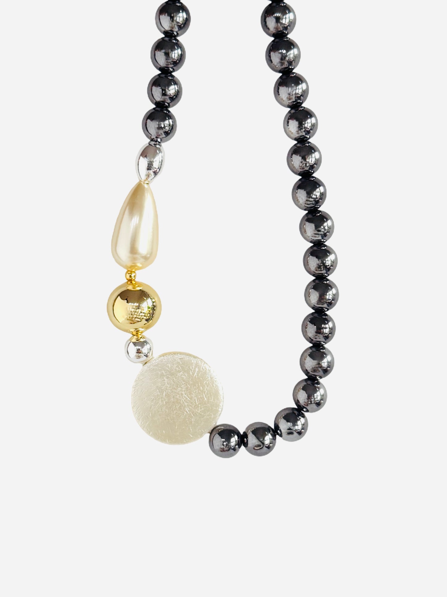 Juju glint vintage pearl, gold, silver + charcoal beaded necklace