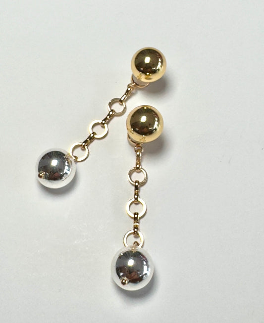 Gold stud, drop back silver beaded charm earrings