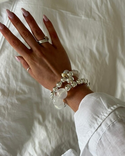 Sweetheart silver beaded bracelet, love heart + ball charms