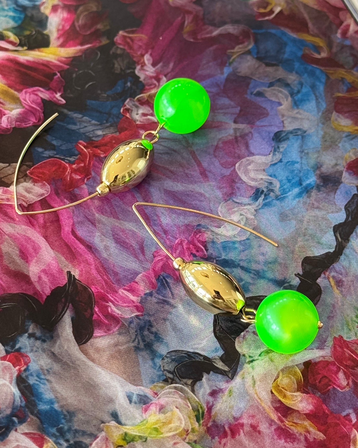 Elisa gold + vintage neon green beaded earrings
