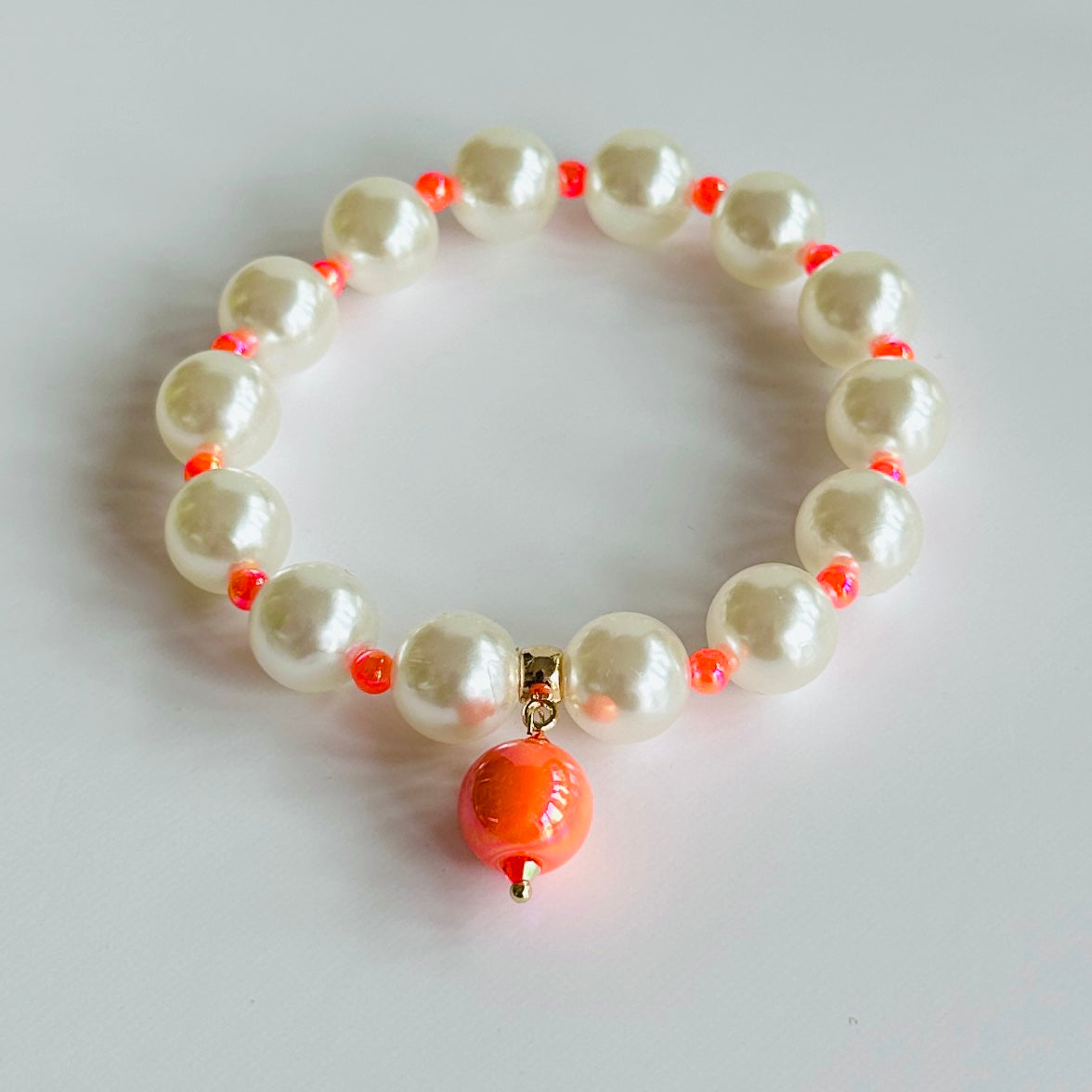 Beau Pearl + neon orange bracelet, orange drop charm