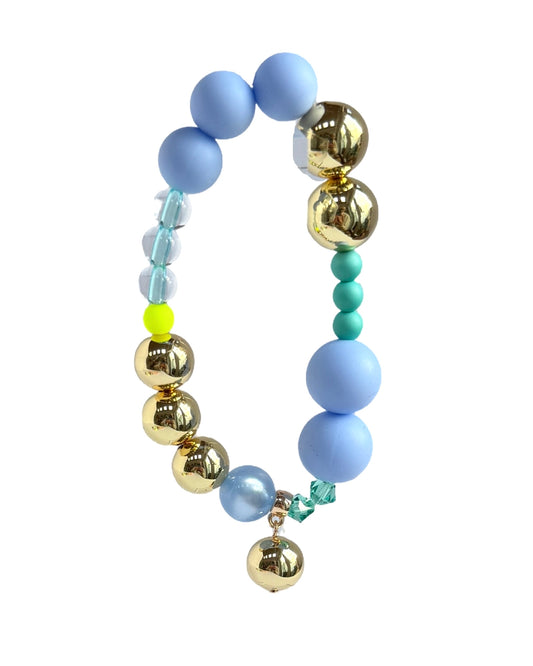 Kitty kiss blue crystal, gold, vintage + silicone beaded bracelet, drop gold charm