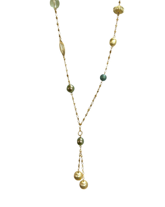 Queenie Deep Green & Gold Long Drop Necklace