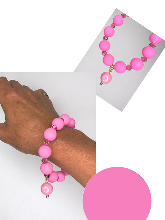 Bea bright pink beaded + Austrian crystal bracelet, drop crystal pearl charm