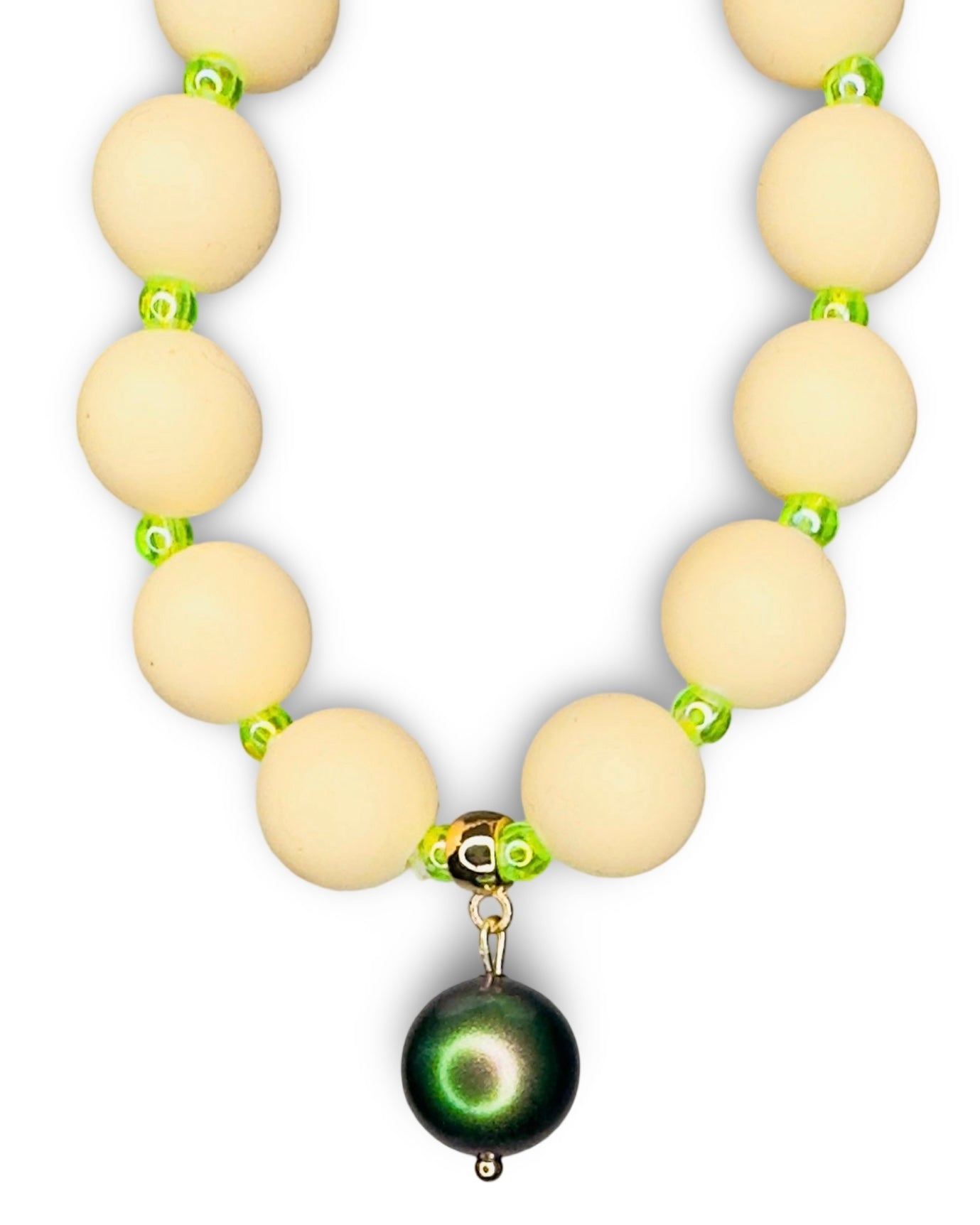 Beau vanilla + lime beaded bracelet, Austrian crystal drop charm