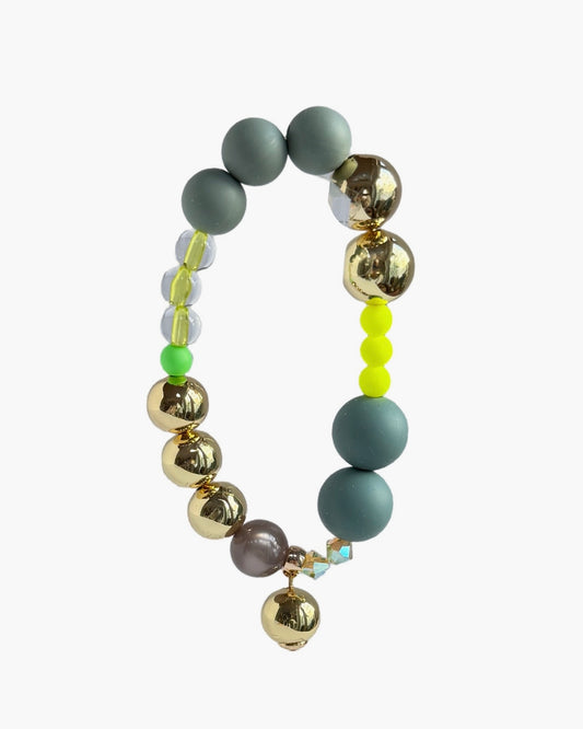 Kitty kiss cobalt grey, crystal, gold, vintage + silicone beaded bracelet, drop gold charm