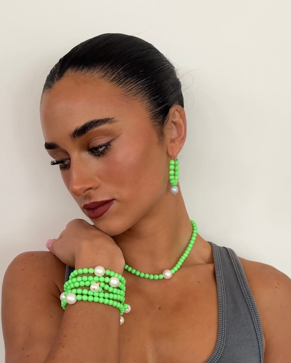 Colour Queen Crystal pearl apple green hoop earrings