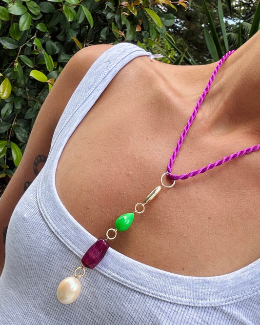 Santia magenta silk cord, Japanese vintage pearl, crystal, gold pendant necklace